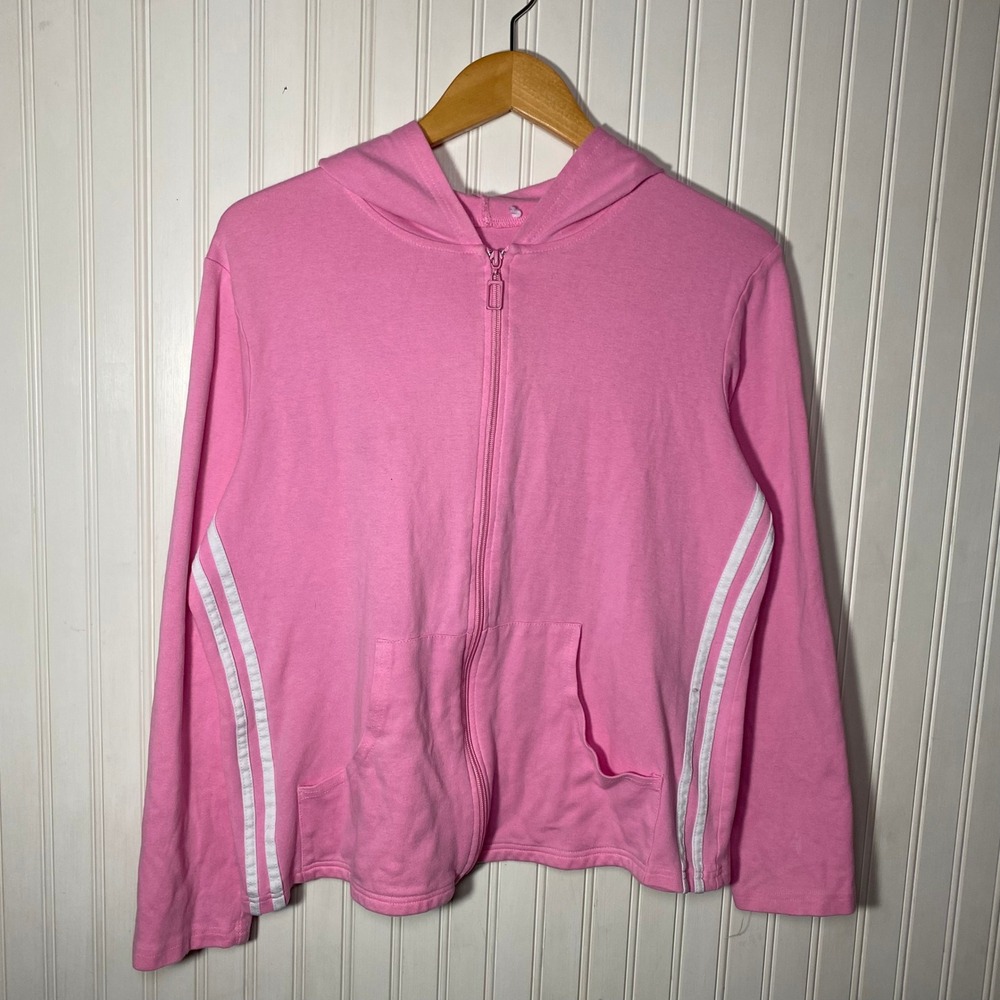 Sporty Prep Athleisure Pink Stripe Full Zip Hoodie Track Jacket Relaxed Fit  M/L